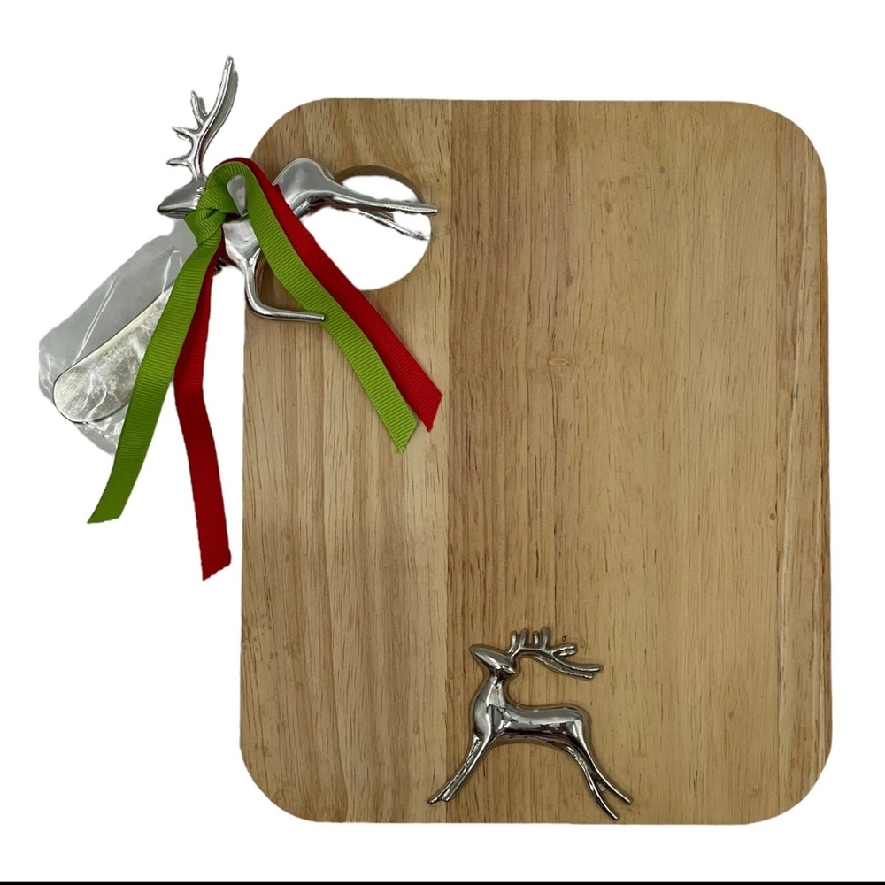 NEW Mudpie Wooden Cheese Board with Silver Reindeer Accents